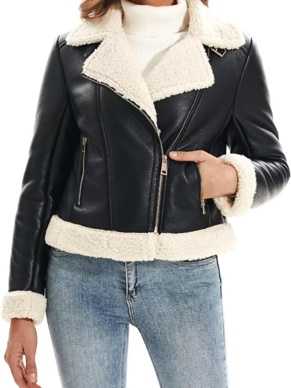 Cozy Women's Faux Fur Winter Coat - Thick Lined Leather Jacket for Cold Weather